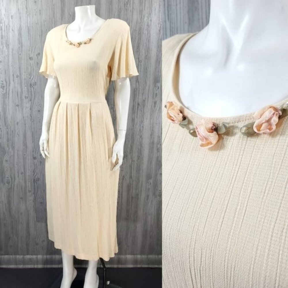 Vintage Midi Dress Maxi Rose Crinkle Gauze 80s 90s Y2K Romantic Grunge Light